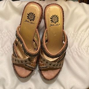 Yellow Box Wedge tan, brown and gold. Size 8.